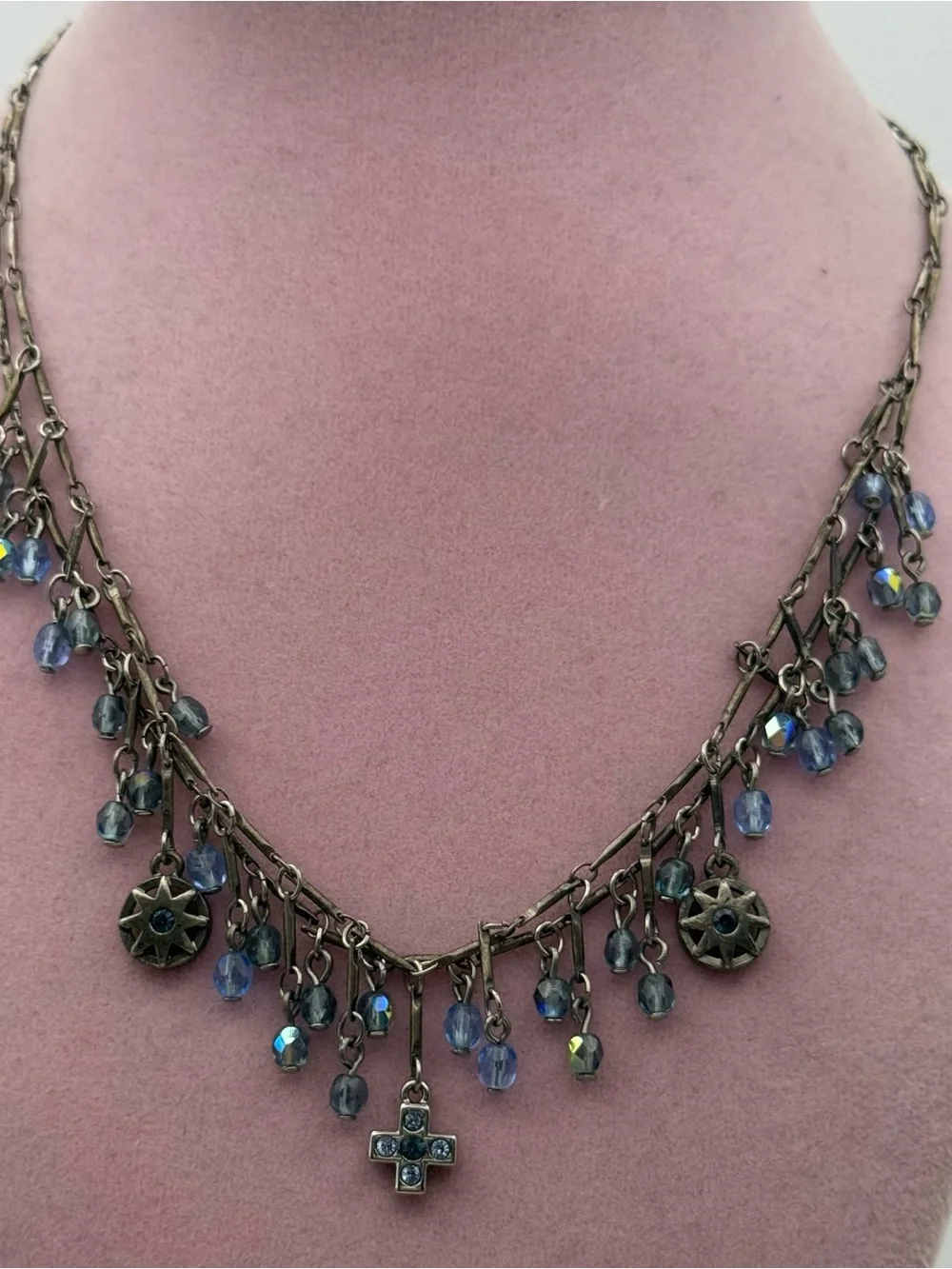 Vintage multi layered Delicate Blue Crystal Charm Necklace - Unbranded